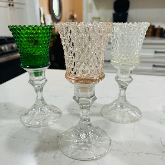 Vintage 24% Lead Crystal Glass Candlesticks w/ Votive Holders Cottagecore Granny - Picture 1 of 7